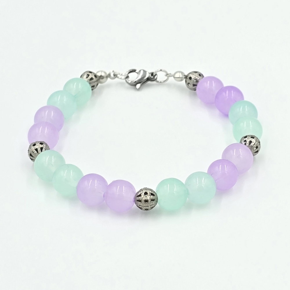 Handmade Aqua & Purple Glass Beaded Bracelet Antique Silver Filigree Beads
